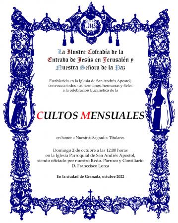 Cofradía Borriquilla Granada: CULTOS MENSUALES A NUESTROS SAGRADOS TITULARES - OCTUBRE