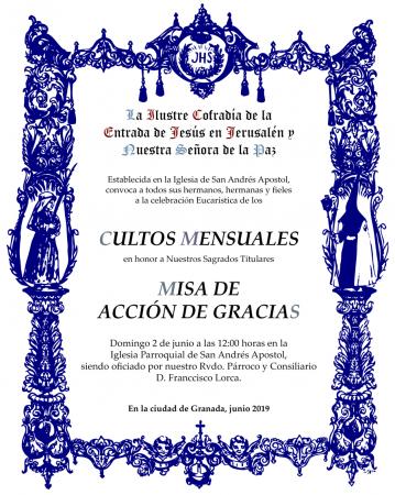 Cofradía Borriquilla Granada: CULTOS MENSUALES EN HONOR A NUESTROS SAGRADOS TITULARES - JUNIO. MISA DE ACCIÓN DE GRACIAS