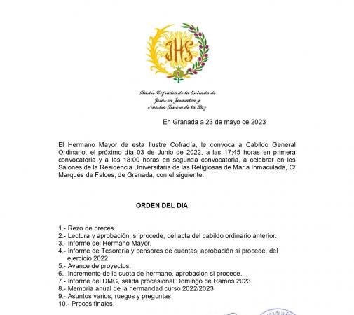 Cofradía Borriquilla Granada: CONVOCATORIA DE CABILDO GENERAL JUNIO - 2023