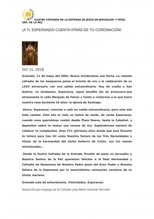 Cofradía Borriquilla Granada: PARTICIPACIÓN DE NUESTRA COFRADÍA EN LA CORONACIÓN CANÓNICA PONTIFICIA DE NTRA. SRA. DE LA ESPERANZA