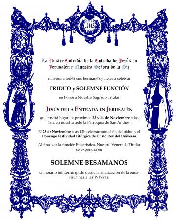 Cofradía Borriquilla Granada: TRIDUO EN HONOR A JESÚS DE LA ENTRADA EN JERUSALÉN, FUNCIÓN SOLEMNE POR LA FESTIVIDAD DE CRISTO REY y BESAMANOS  2018