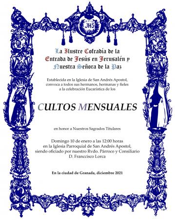 Cofradía Borriquilla Granada: CULTOS MENSUALES EN HONOR A NUESTROS SAGRADOS TITULARES- ENERO 2021