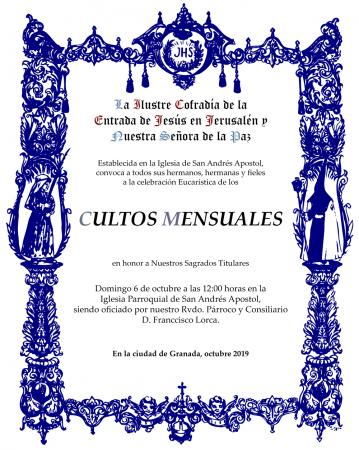 Cofradía Borriquilla Granada: CULTOS MENSUALES EN HONOR A NUESTROS SAGRADOS TITULARES - OCTUBRE 19