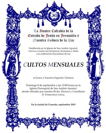 Cofradía Borriquilla Granada: CULTOS MENSUALES EN HONOR A NUESTROS SAGRADOS TITULARES - SEPTIEMBRE