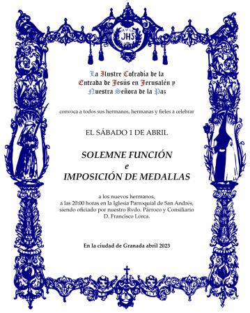Cofradía Borriquilla Granada: SOLEMNE FUNCIÓN E IMPOSICIÓN DE MEDALLAS