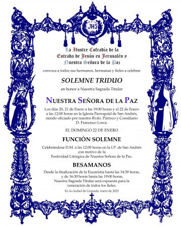 Cofradía Borriquilla Granada: TRIDUO, FUNCIÓN PRINCIPAL Y BESAMANOS DE NTRA. SRA. DE LA PAZ