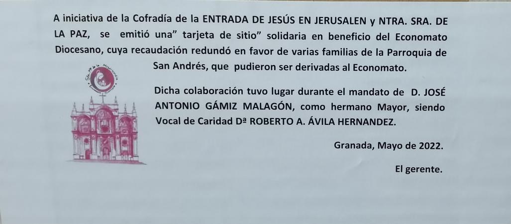 Cofradía Borriquilla Granada: EL ECONOMATO DIOCESANO RECONOCE LA APORTACIÓN REALIZADA POR LA TARJETA SOLIDARIA DEL 2020