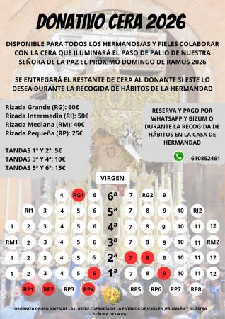 Cofradía Borriquilla Granada: DONATIVOS PARA LA CERA Y PETALA A NUESTRA SEÑORA DE LA PAZ- DOMINGO DE RAMOS 2026